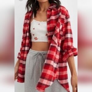 Aerie Lumber Jane Flannel Long Sleeve Oversized Button Shirt Red Plaid S